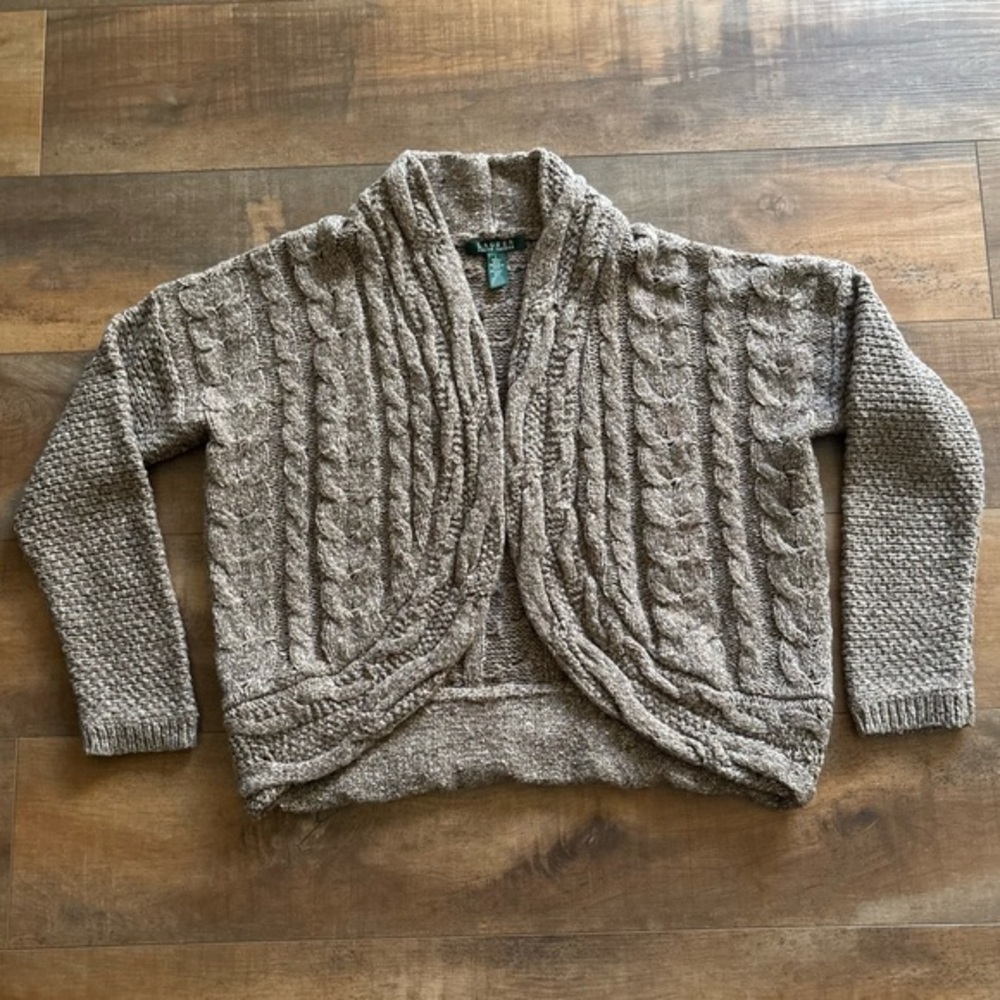 Lauren RALPH LAUREN Womens WOOL Blend Open Cardigan Cable Knit Brown Sweater Lrg